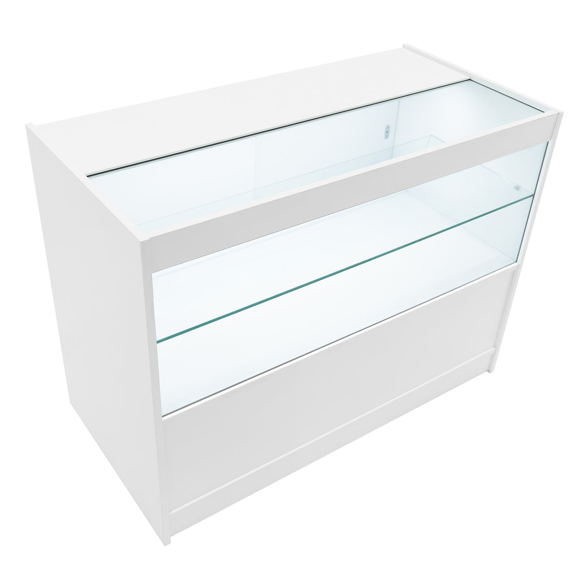 Elegante Verkaufstheke in Weiß mit Glasoberfläche, ideal für die Präsentation von Produkten, modernes Design und klare Linienführung