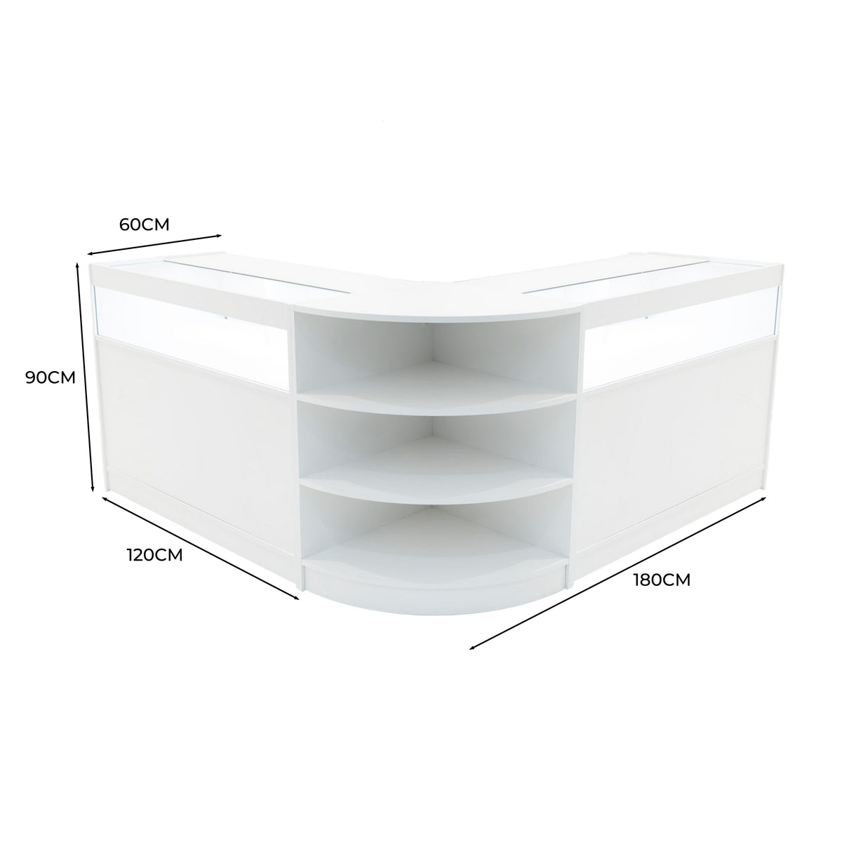 Elegantes, weißes LED-Verkaufstheken-Set mit abgerundeten Kanten, drei offenen Regalen und klaren Sichtfenstern, ideal für moderne Verkaufsräume