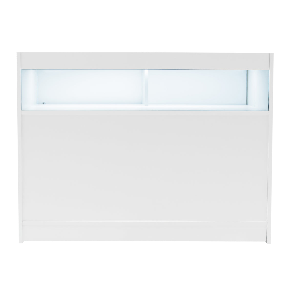 Weißes LED-Verkaufstheken-Set mit zwei Einheiten, glatte Oberfläche, integrierte Beleuchtung und moderne, minimalistische Form für ansprechende Präsentationen