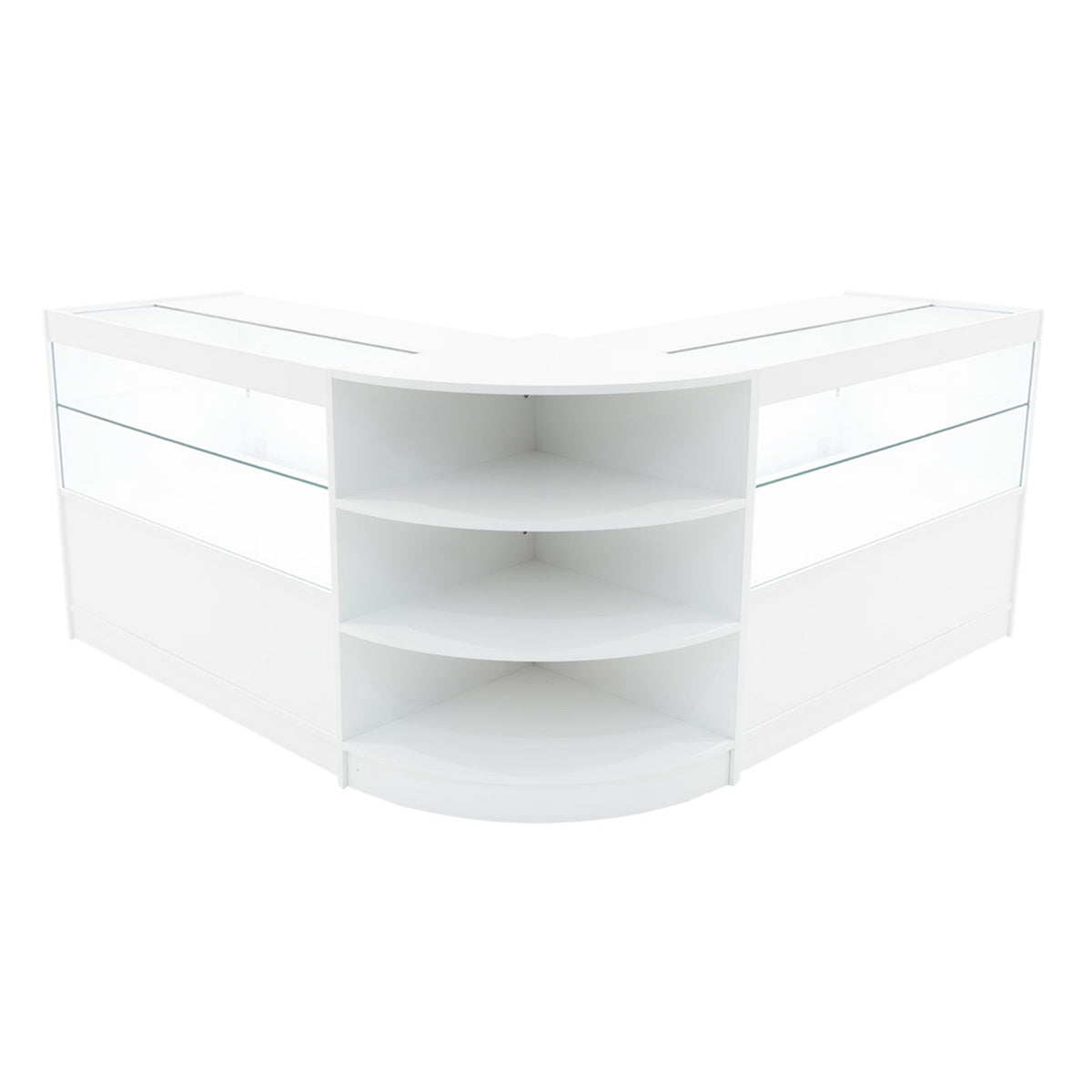 Elegantes Andromeda LED Verkaufstheken-Set in Weiß, mit gläsernen Vitrinen und abgerundeten Kanten, ideal für moderne Verkaufsräume