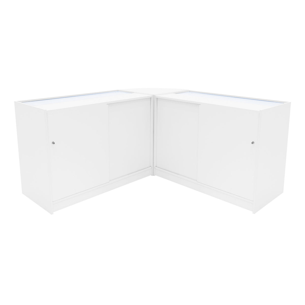 Eckiges Andromeda LED Verkaufstheken-Set in Weiß, mit glatten Oberflächen, integrierter Beleuchtung und modernen, minimalistischen Türen für ansprechende Präsentation
