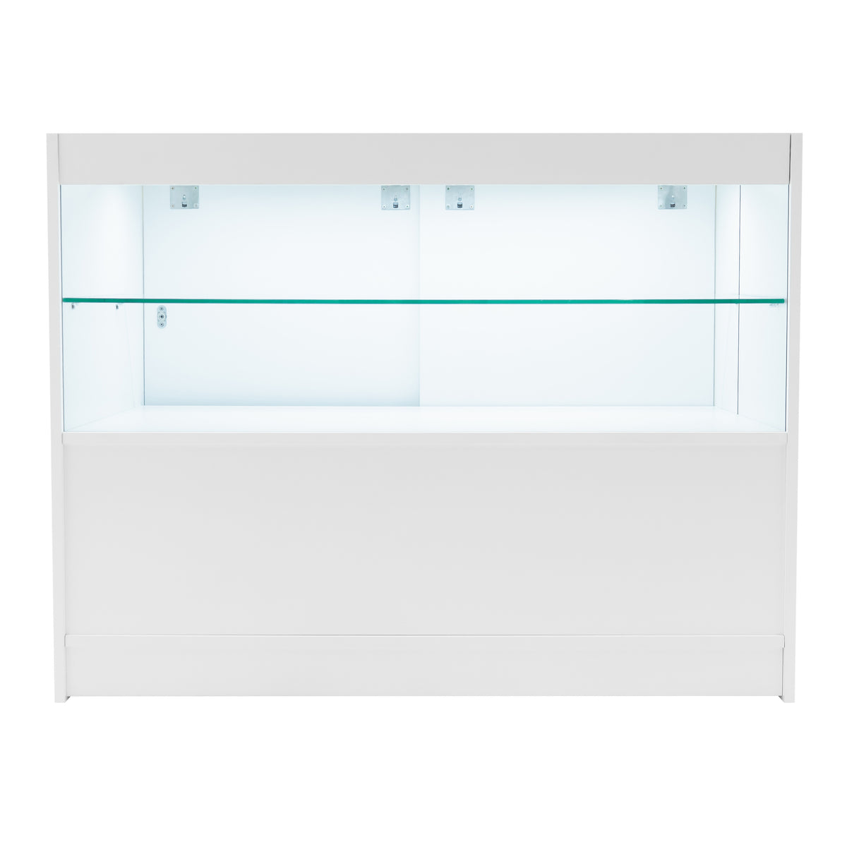 Weißes Andromeda LED Verkaufstheken-Set mit zwei Regalen, glatter Oberfläche, integrierter Beleuchtung und modernem, minimalistischen Design