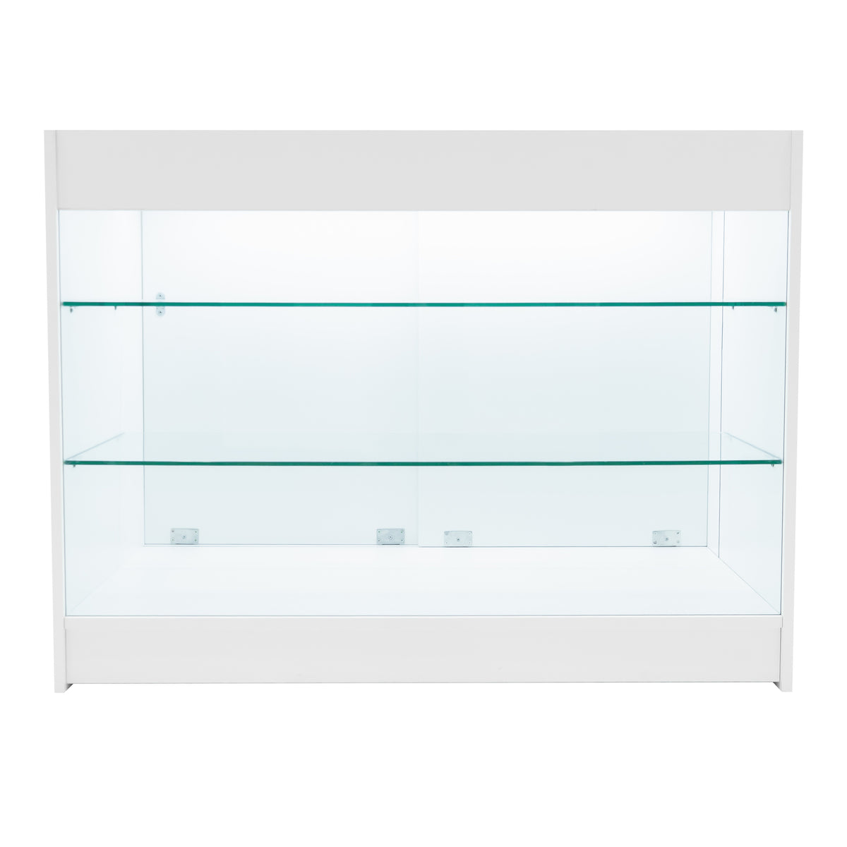 Weißes Verkaufstheken-Set mit zwei Regalen aus klarem Glas, modernem Design und glatten Oberflächen, ideal für die Präsentation von Produkten