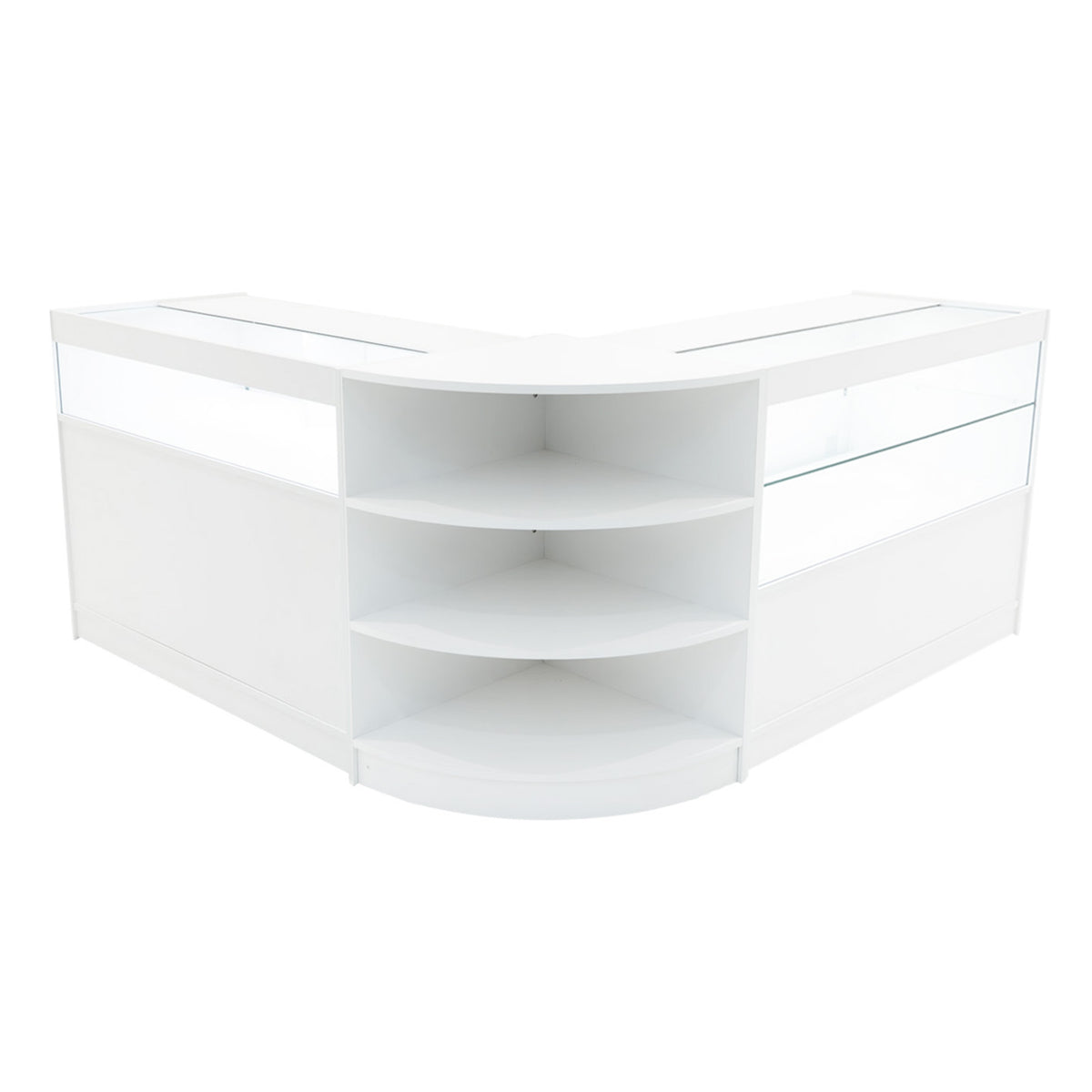 Elegantes, weißes Harmonia LED Verkaufstheken-Set mit gläsernen Vitrinen, abgerundeten Kanten und offenen Regalen für optimale Präsentation