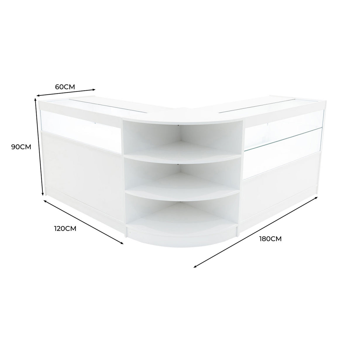 Harmonia LED Verkaufstheken-Set in Weiß, mit glatten Oberflächen, abgerundeten Kanten und mehreren Regalen für optimale Präsentation und Stauraum