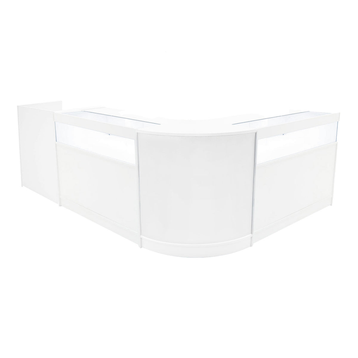 Elegantes, weißes Verkaufstheken-Set mit LED-Beleuchtung, bestehend aus zwei Teilen und einer abgerundeten Form, ideal für moderne Verkaufsräume