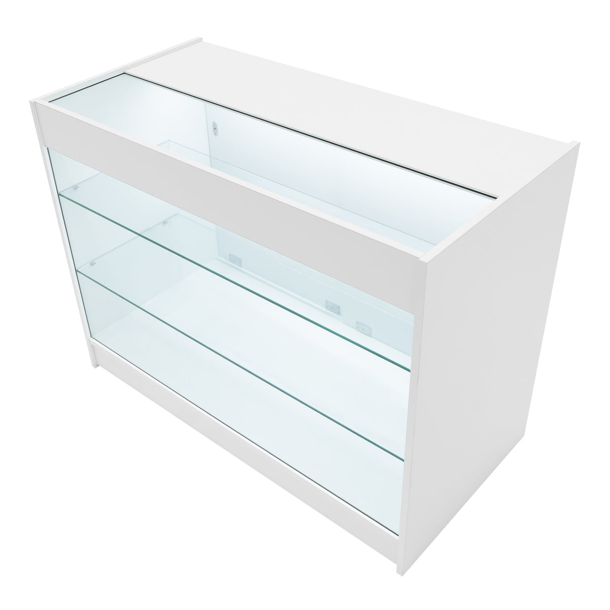 Weißes LED Verkaufstheken-Set mit gläsernen Regalen, modernem Design und klaren Linien, ideal für die Präsentation von Produkten in Geschäften