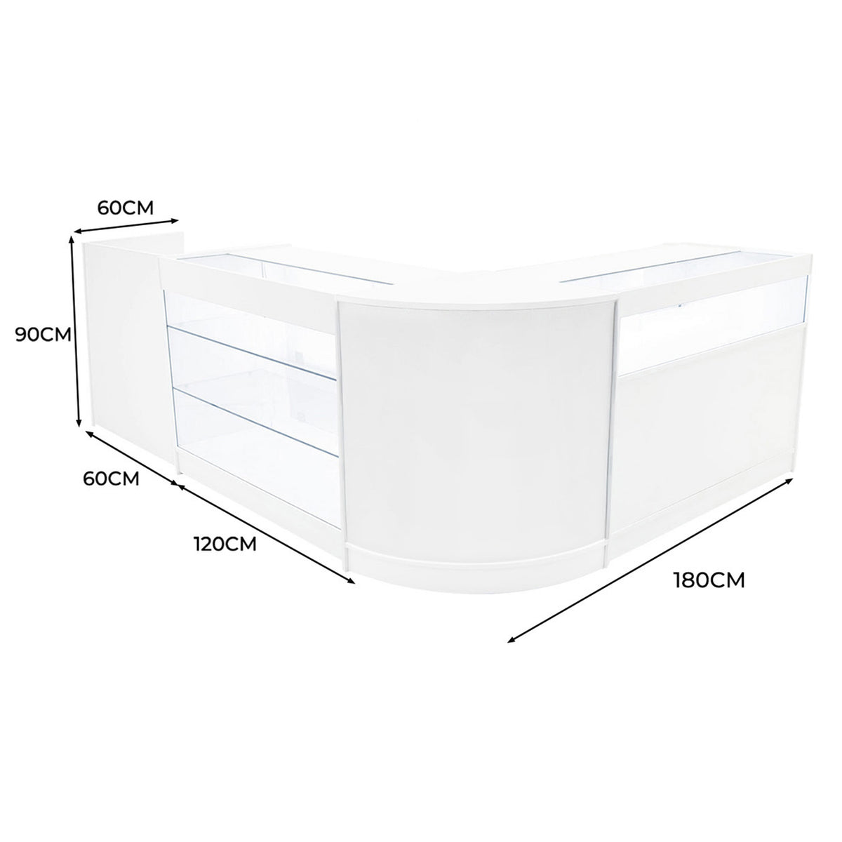 Elegantes Verkaufstheken-Set in Weiß mit klaren Glasflächen, abgerundeten Kanten und großzügigem Stauraum, ideal für Einzelhandelsumgebungen