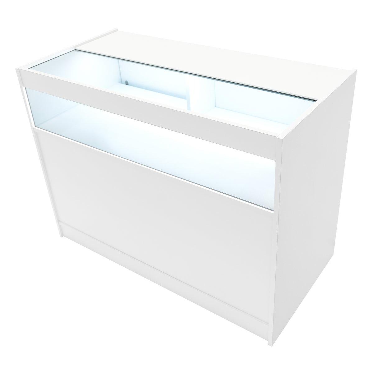Elegante weiße Verkaufstheke mit Glasoberfläche und integrierter LED-Beleuchtung, ideal für moderne Verkaufsräume und Ausstellungen