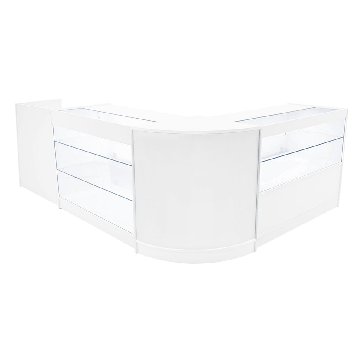 Elegantes, weißes Verkaufstheken-Set mit klaren Glasvitrinen, ideal für die Präsentation von Produkten in Geschäften oder Messen