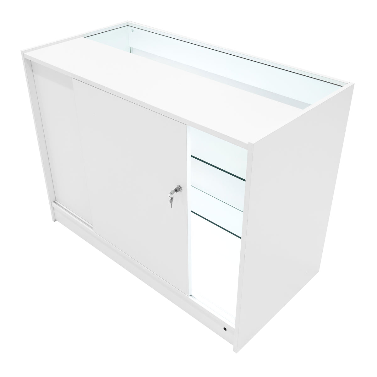 Vega LED Verkaufstheken-Set in Weiß, mit glatten Oberflächen, integrierter LED-Beleuchtung und abschließbaren Schiebetüren für sicheren Stauraum