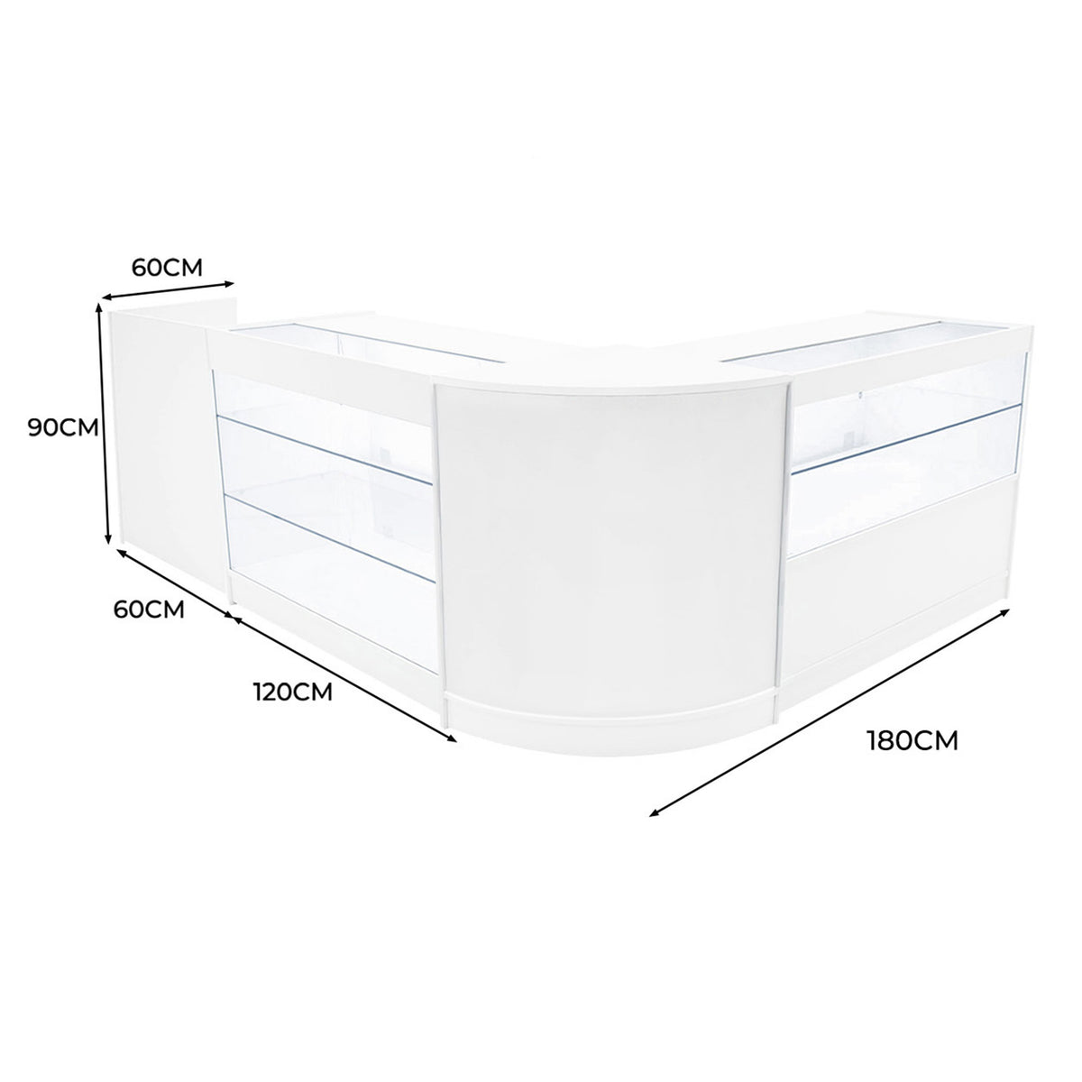 Elegantes Verkaufstheken-Set in Weiß mit klaren Glasflächen, abgerundeten Kanten und großzügigem Stauraum, ideal für moderne Verkaufsräume