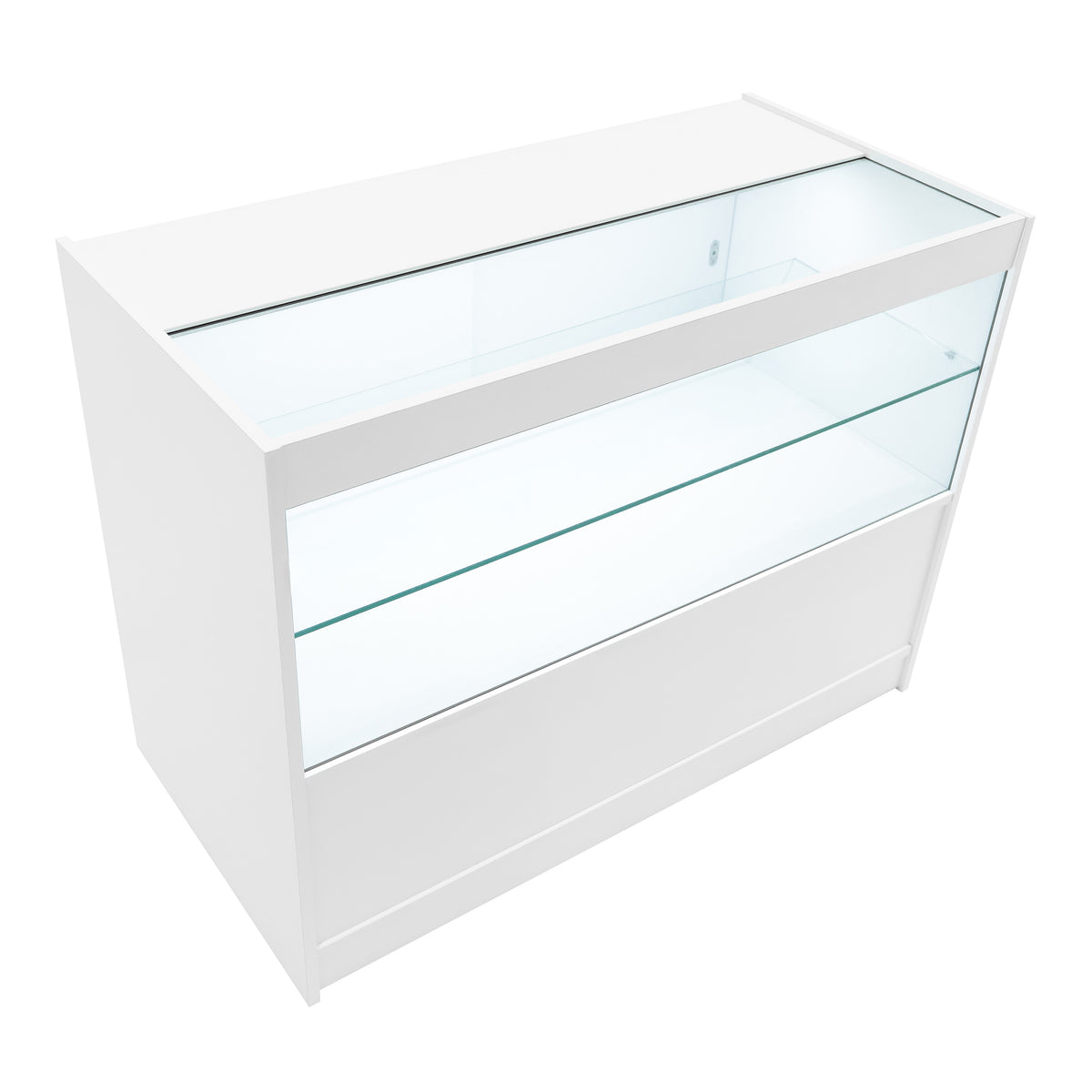 Elegante, weiße Verkaufstheke mit Glasoberfläche und zwei Regalen, ideal für die Präsentation von Produkten in Geschäften oder Messen