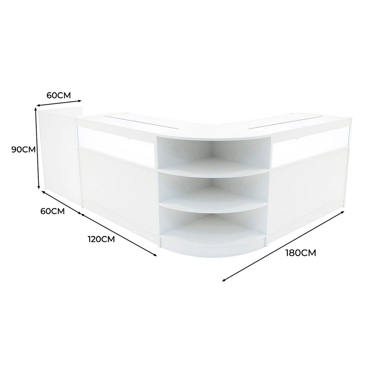 Elegantes, weißes LED-Verkaufstheken-Set mit abgerundeten Kanten, drei offenen Regalen und klaren Linien, ideal für moderne Verkaufsräume