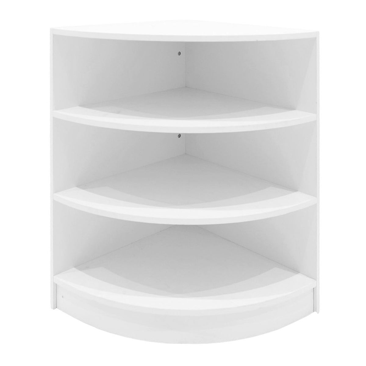 Eckregal in Weiß mit vier offenen Regalböden, ideal für Verkaufsflächen, modernes Design und glatte, matte Oberfläche für eine elegante Präsentation