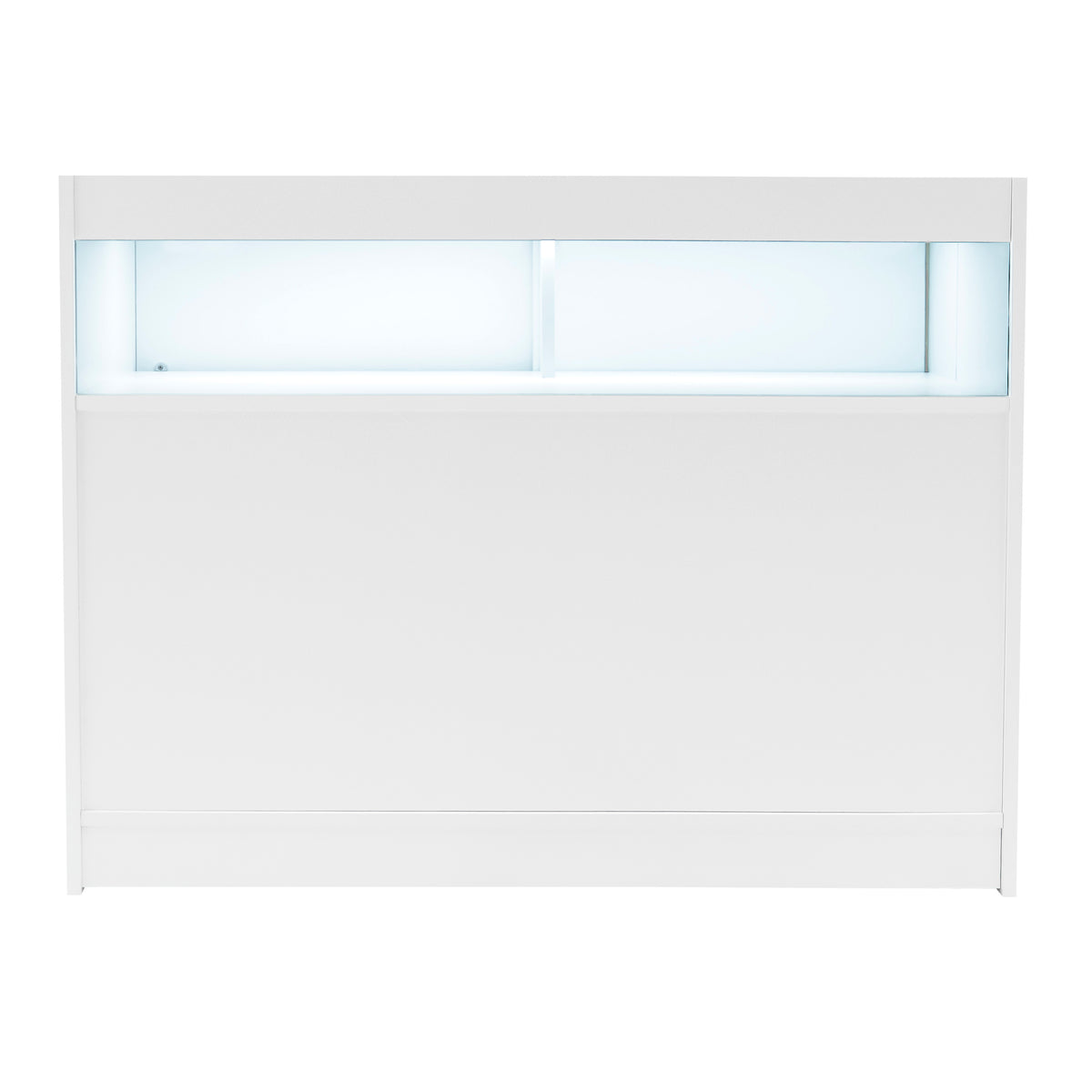Weißes LED Verkaufstheken-Set mit zwei Modulen, glatte Oberflächen, integrierte Beleuchtung und modernes, minimalistisches Design