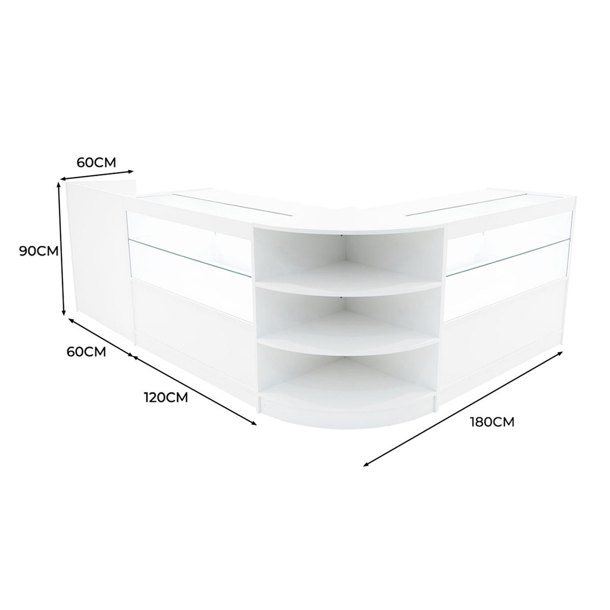 Eckverkaufsset in Weiß mit LED-Beleuchtung, gläsernen Regalen und abgerundeten Kanten, ideal für moderne Verkaufsräume, Maße 180x120x90 cm