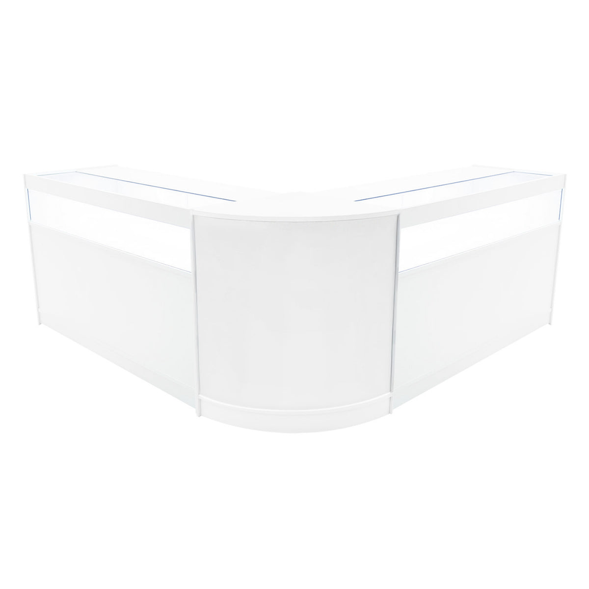 Elegantes, weißes Iris LED Verkaufstheken-Set mit zwei Ecken, glatter Oberfläche und modernem Design, ideal für Verkaufsräume und Ausstellungen