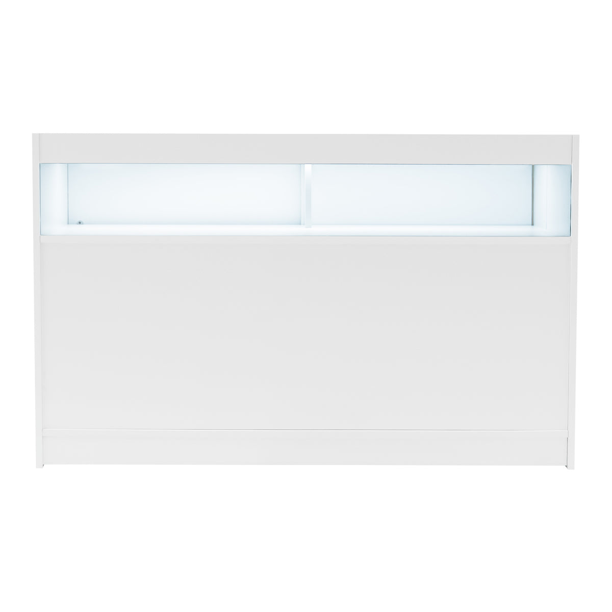 Weißes Iris LED Verkaufstheken-Set mit zwei Stück, ausgestattet mit einer glatten Oberfläche und integrierter Beleuchtung für optimale Präsentation