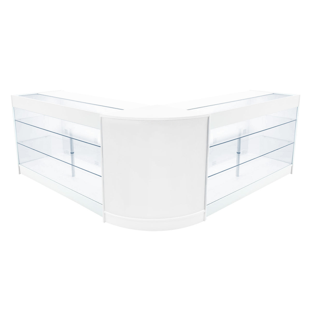 Elegantes, weißes LED Verkaufstheken-Set mit zwei Ecken, ausgestattet mit transparenten Glasregalen und glatten Oberflächen für moderne Verkaufsräume