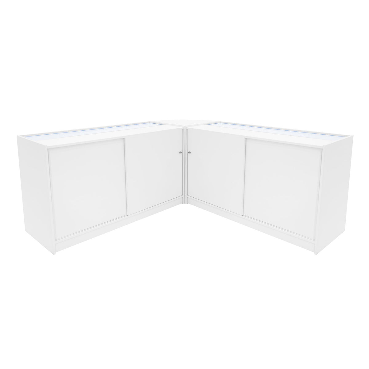 Eckige, weiße LED-Verkaufstheke mit glatten Oberflächen und Schiebetüren, ideal für Verkaufsräume und Ausstellungen, moderne und elegante Gestaltung