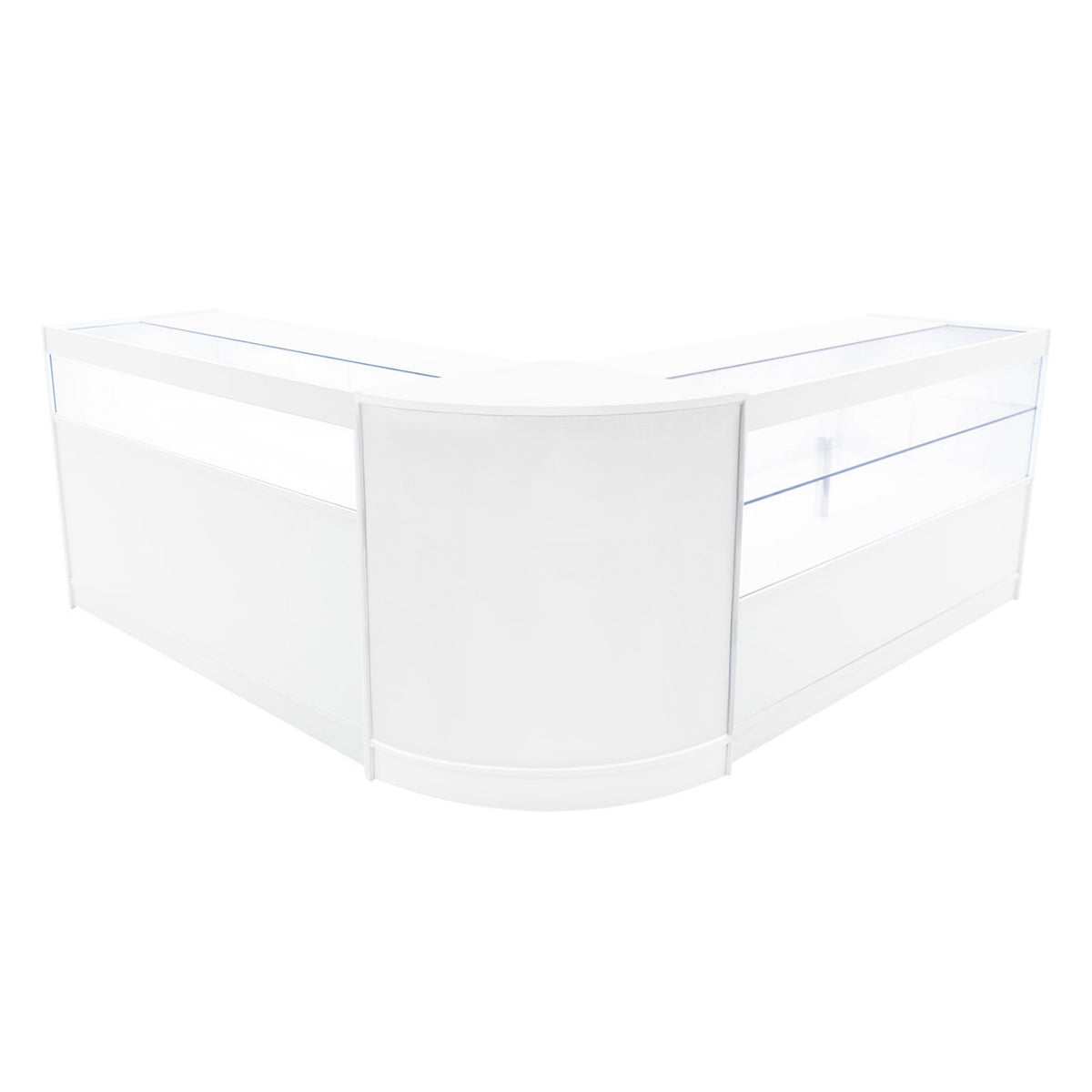 Elegantes Adonis LED Ladentheke Set in Weiß, mit klaren Glasflächen und abgerundeten Kanten, ideal für moderne Verkaufsräume und Ausstellungen