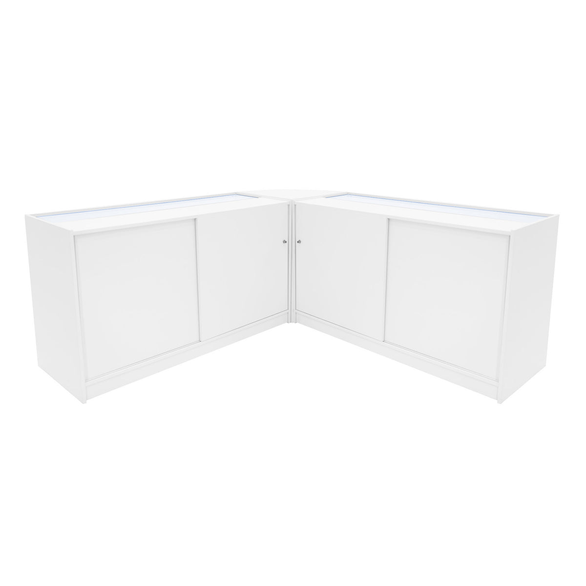 Elegantes, weißes Adonis LED Ladentheke Set mit glatten Oberflächen, integrierter Beleuchtung und modernen Schiebetüren, ideal für Verkaufsräume