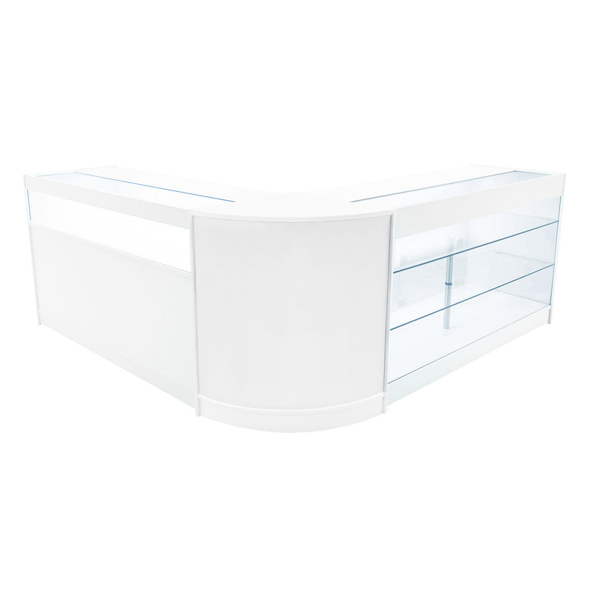 Elegantes, weißes Triton LED Verkaufstheken-Set mit gläsernen Regalen und abgerundeten Kanten, ideal für moderne Verkaufsräume und Ausstellungen