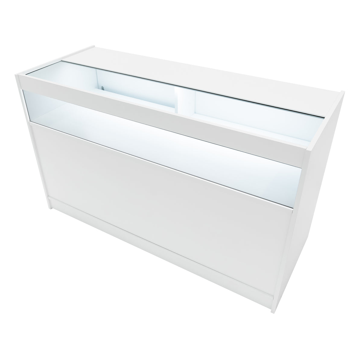 Moderne, weiße LED-Verkaufstheke mit glatter Oberfläche, beleuchtetem Innenraum und klaren Glasfronten, ideal für Einzelhandelsumgebungen