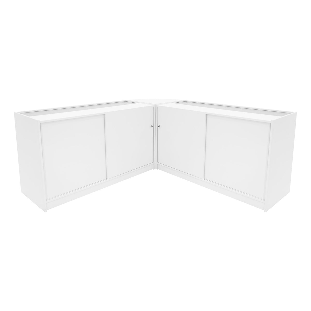 Eckverkaufstheken-Set in elegantem Weiß, bestehend aus zwei Einheiten mit glatten Oberflächen und Schiebetüren für optimalen Stauraum und Präsentation