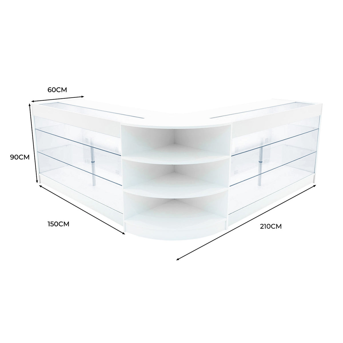 Elegantes Verkaufstheken-Set in Weiß mit transparenten Glasregalen, abgerundeten Kanten und großzügigem Stauraum, ideal für den Einzelhandel