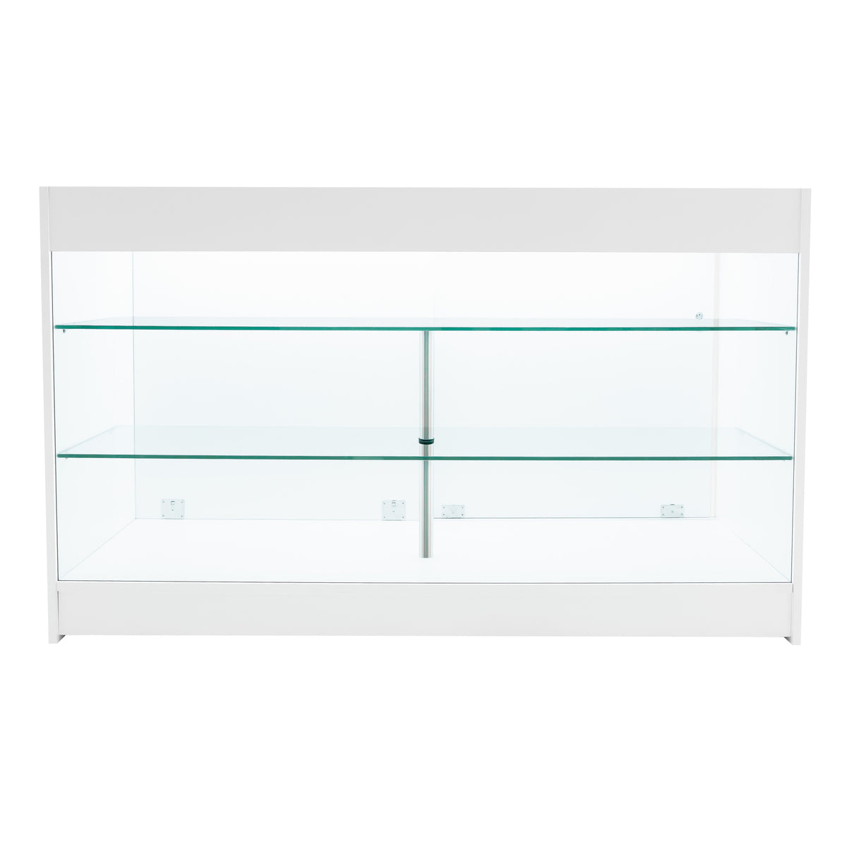 Elegantes Verkaufstheken-Set in Weiß mit klaren Glasregalen, ideal für die Präsentation von Produkten in Geschäften oder Ausstellungen