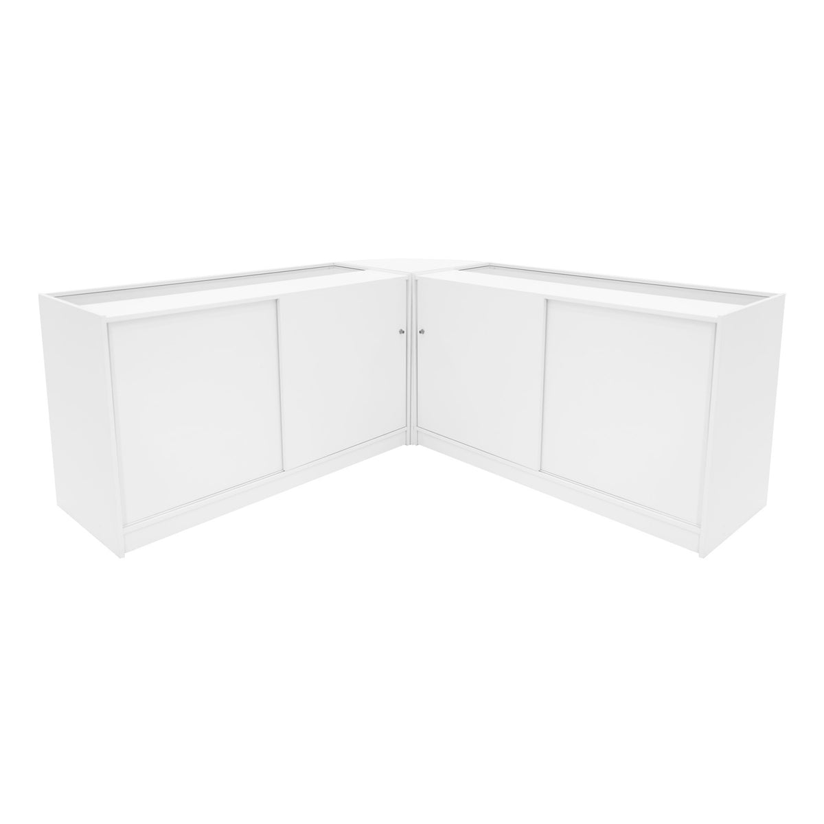 Harmonia LED Verkaufstheken-Set in Weiß, bestehend aus zwei eleganten, abgerundeten Theken mit glatten Oberflächen und modernen Schiebetüren