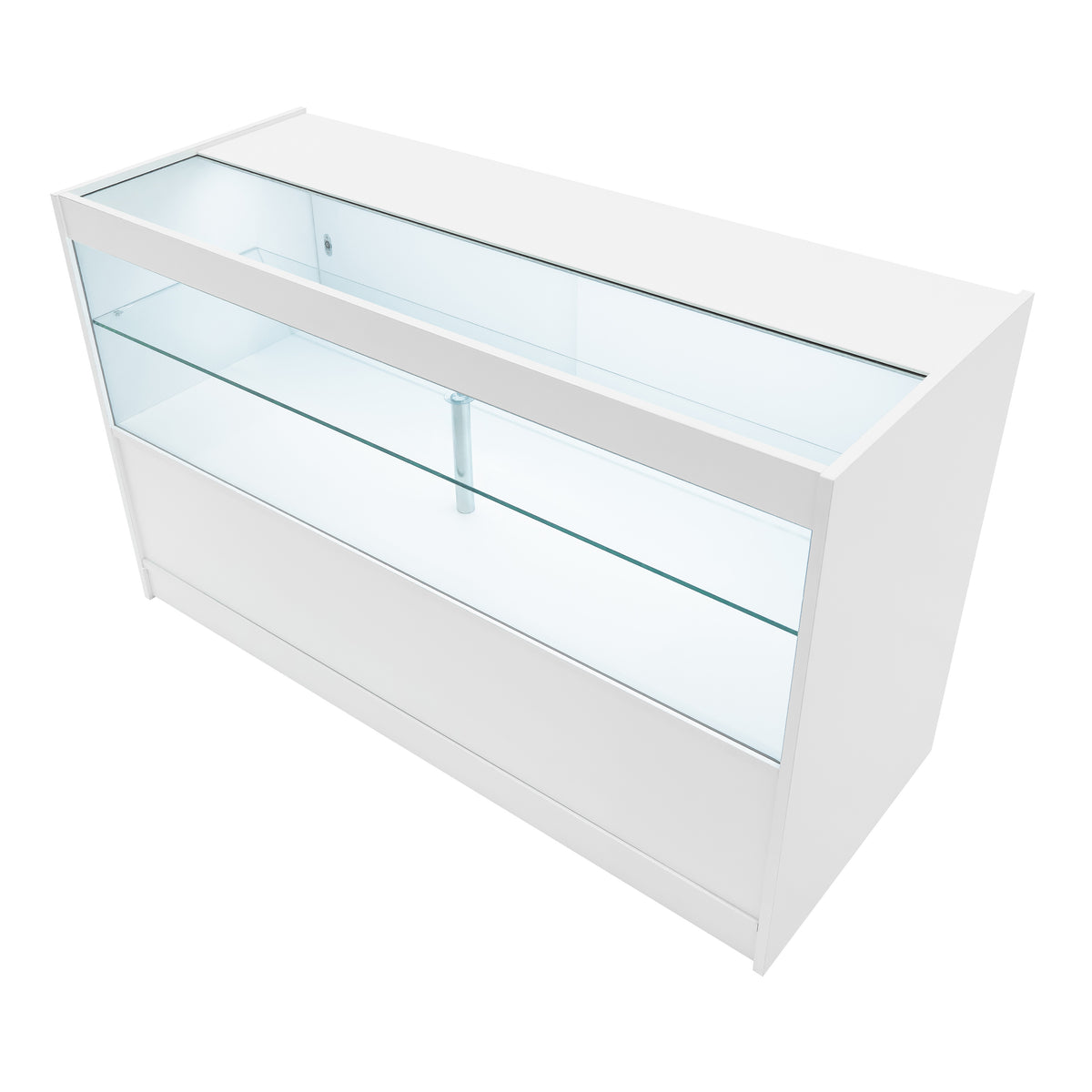 Harmonia LED Verkaufstheken-Set in Weiß mit gläserner Oberseite, klaren Regalen und modernem, minimalistischen Design für eleganten Verkaufsraum
