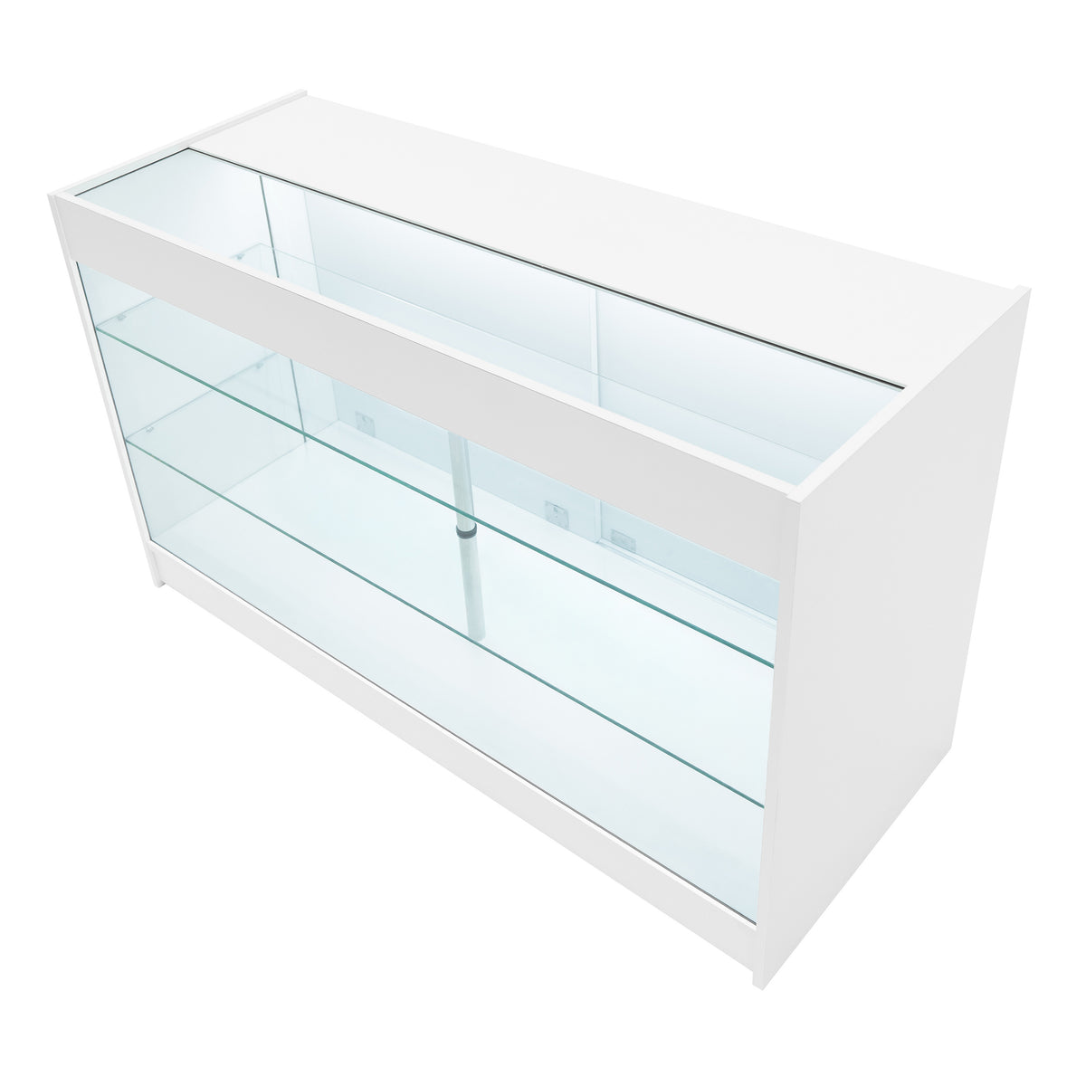 Elegante, weiße LED-Verkaufstheke mit gläsernen Regalen, ideal für die Präsentation von Produkten in Geschäften oder Ausstellungen