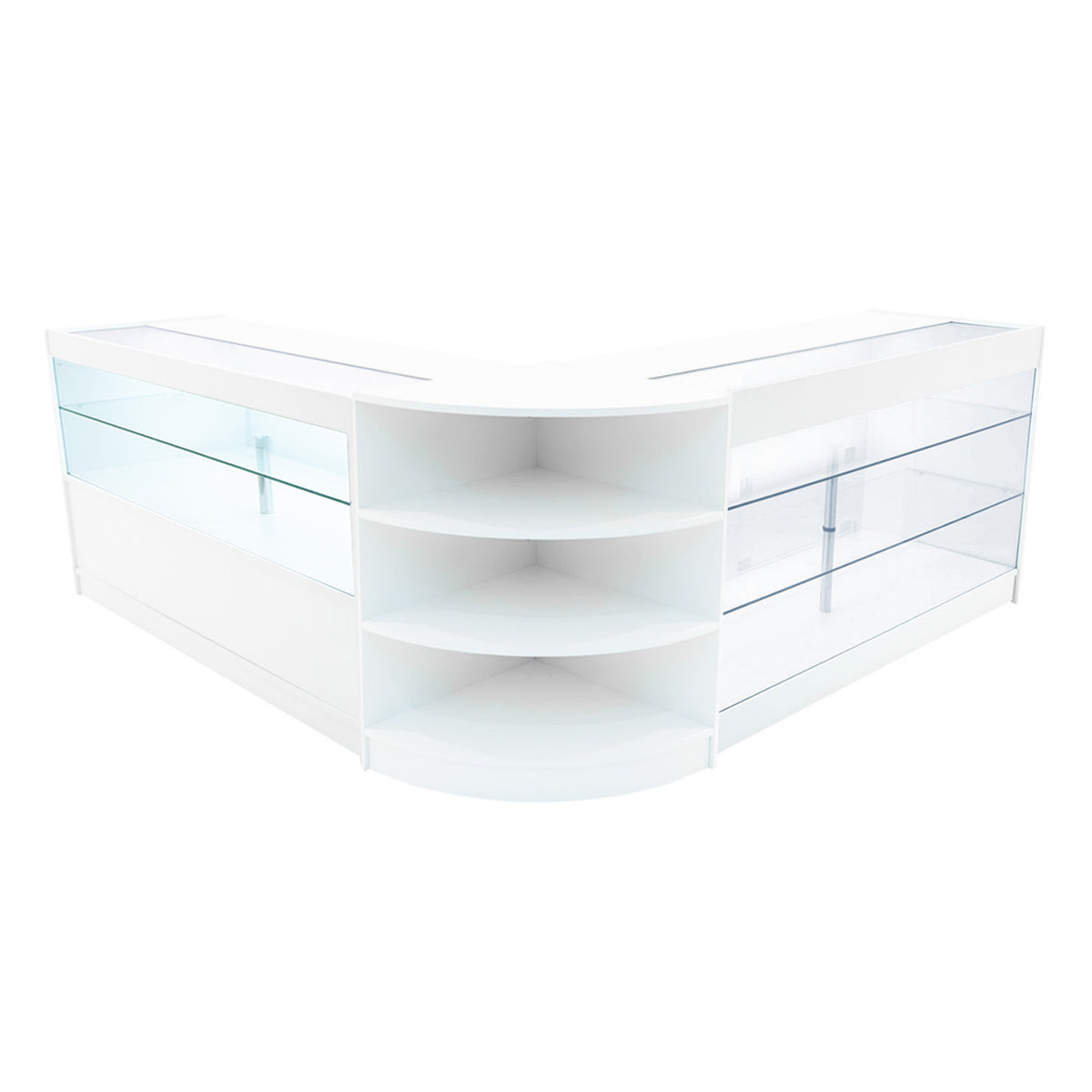 Elegantes, weißes Verkaufstheken-Set mit gläsernen Regalen und abgerundeten Kanten, ideal für moderne Einzelhandelsumgebungen