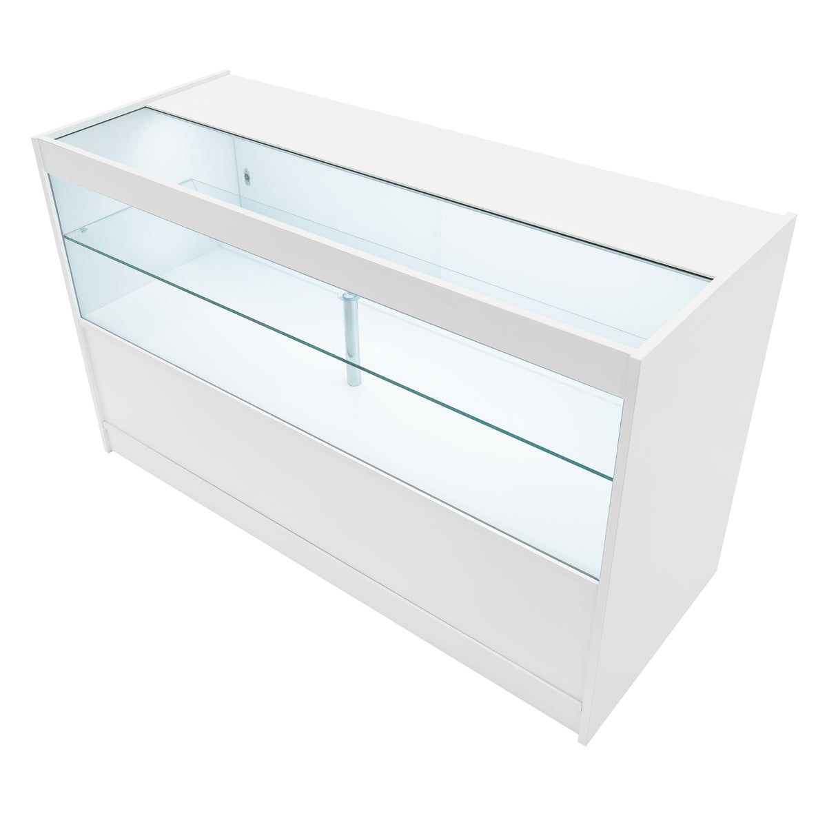 Elegante weiße Verkaufstheke mit Glasregalen, klaren Linien und modernem Design, ideal für die Präsentation von Produkten in Geschäften
