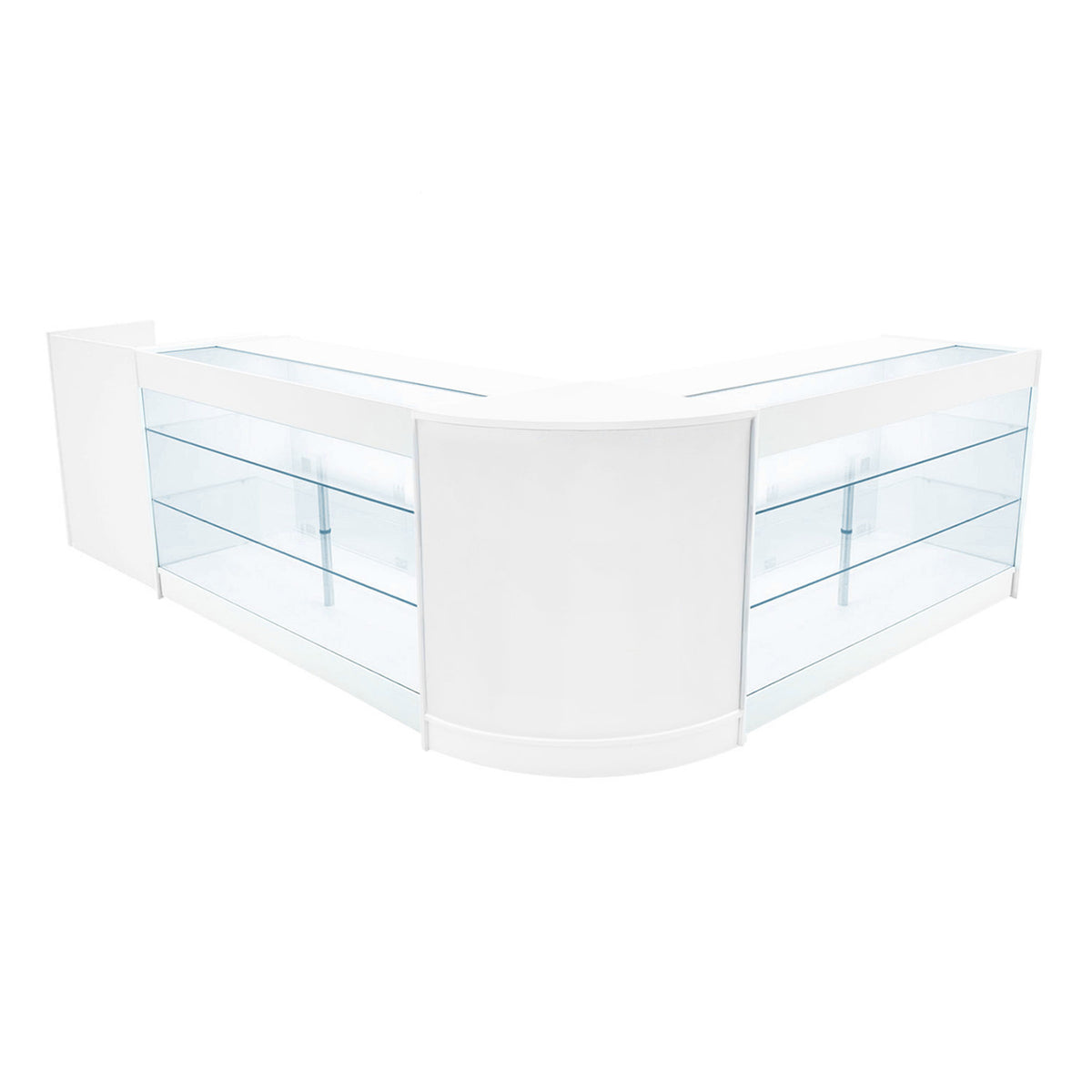Elegantes, weißes Verkaufstheken-Set mit gläsernen Regalen, ideal für den Einzelhandel, bietet modernen Stil und optimale Sichtbarkeit für Produkte