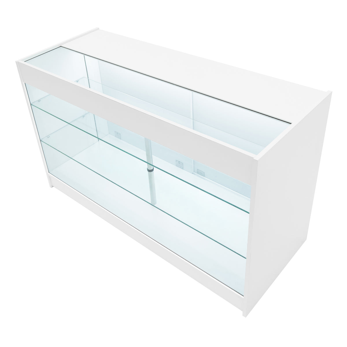 Weißes LED-Verkaufstheken-Set mit gläsernen Regalen, modernem Design und klaren Linien, ideal für die Präsentation von Produkten in Geschäften