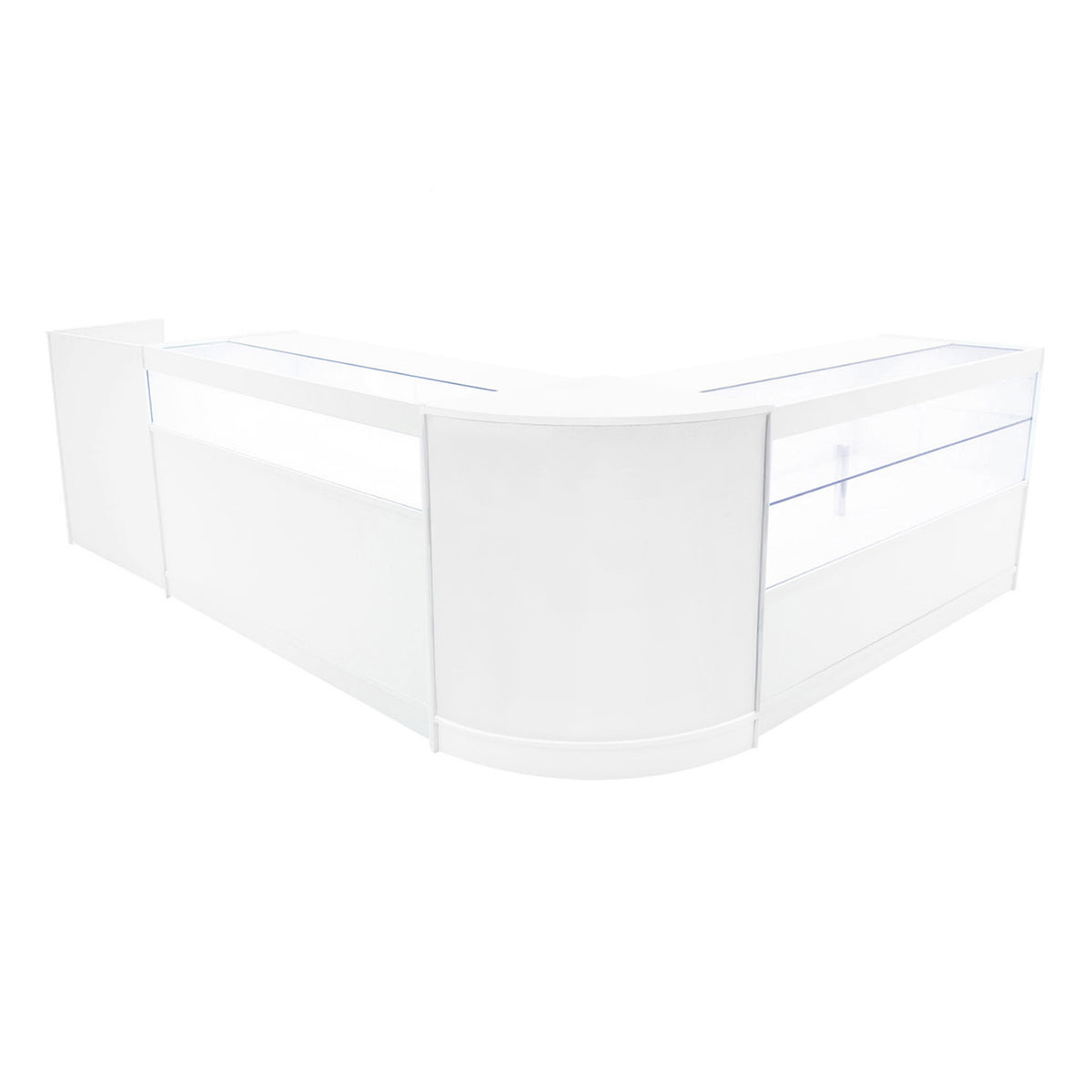 Elegantes, weißes Verkaufstheken-Set mit glatten Oberflächen, integrierter Beleuchtung und abgerundeten Kanten, ideal für moderne Verkaufsräume