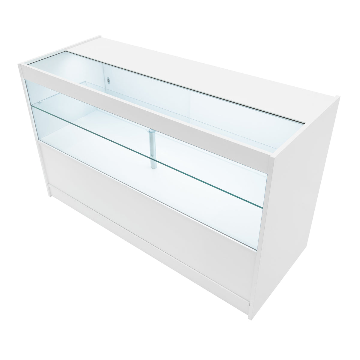 Elegante weiße Verkaufstheke mit Glasregalen, klaren Linien und modernem Design, ideal für Einzelhandelsumgebungen und Ausstellungen