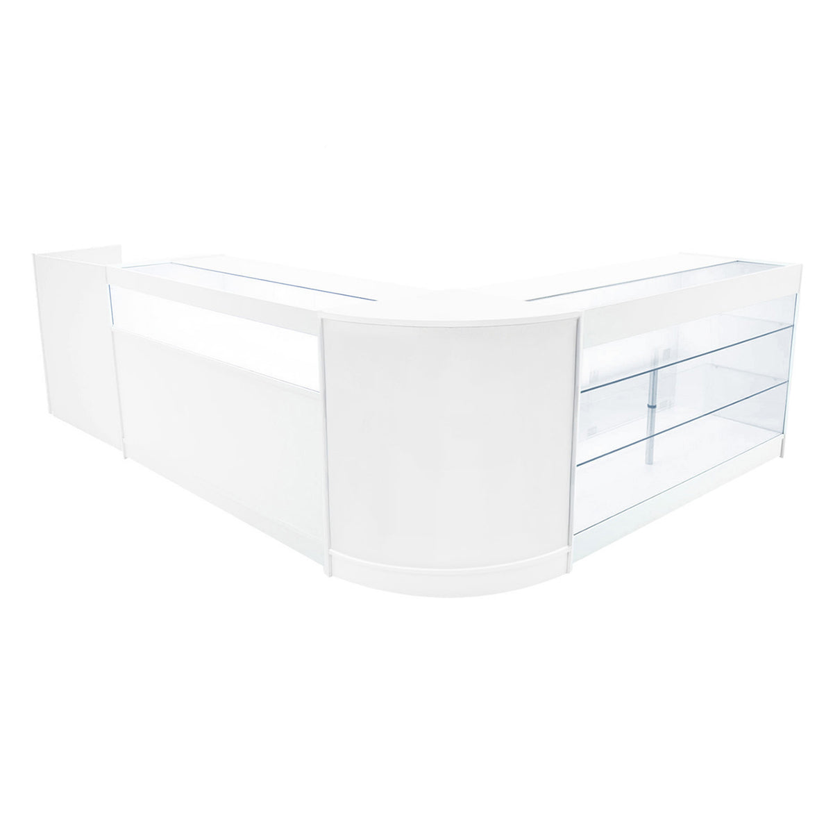 Elegantes Verkaufstheken-Set in Weiß mit klaren Glasflächen, abgerundeten Kanten und modernem Design, ideal für Einzelhandelsumgebungen