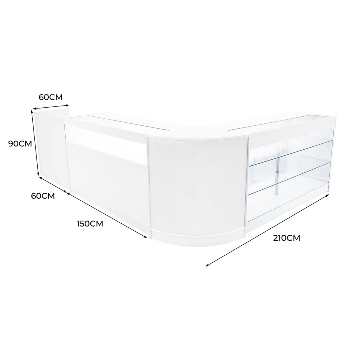 Elegantes Verkaufstheken-Set in Weiß mit klaren Glasflächen, abgerundeten Kanten und großzügigem Stauraum, ideal für moderne Verkaufsräume