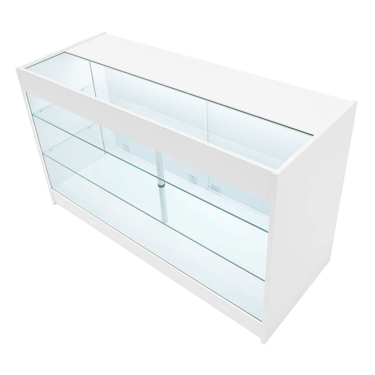 Elegante weiße Verkaufstheke mit gläsernen Regalen, ideal für die Präsentation von Produkten, modernes Design und klare Sichtbarkeit der Waren