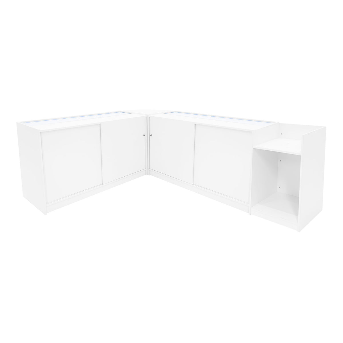 Vega LED Verkaufstheke Set in Weiß, bestehend aus mehreren Modulen mit glatten Oberflächen, ideal für Verkaufsräume und Ausstellungen