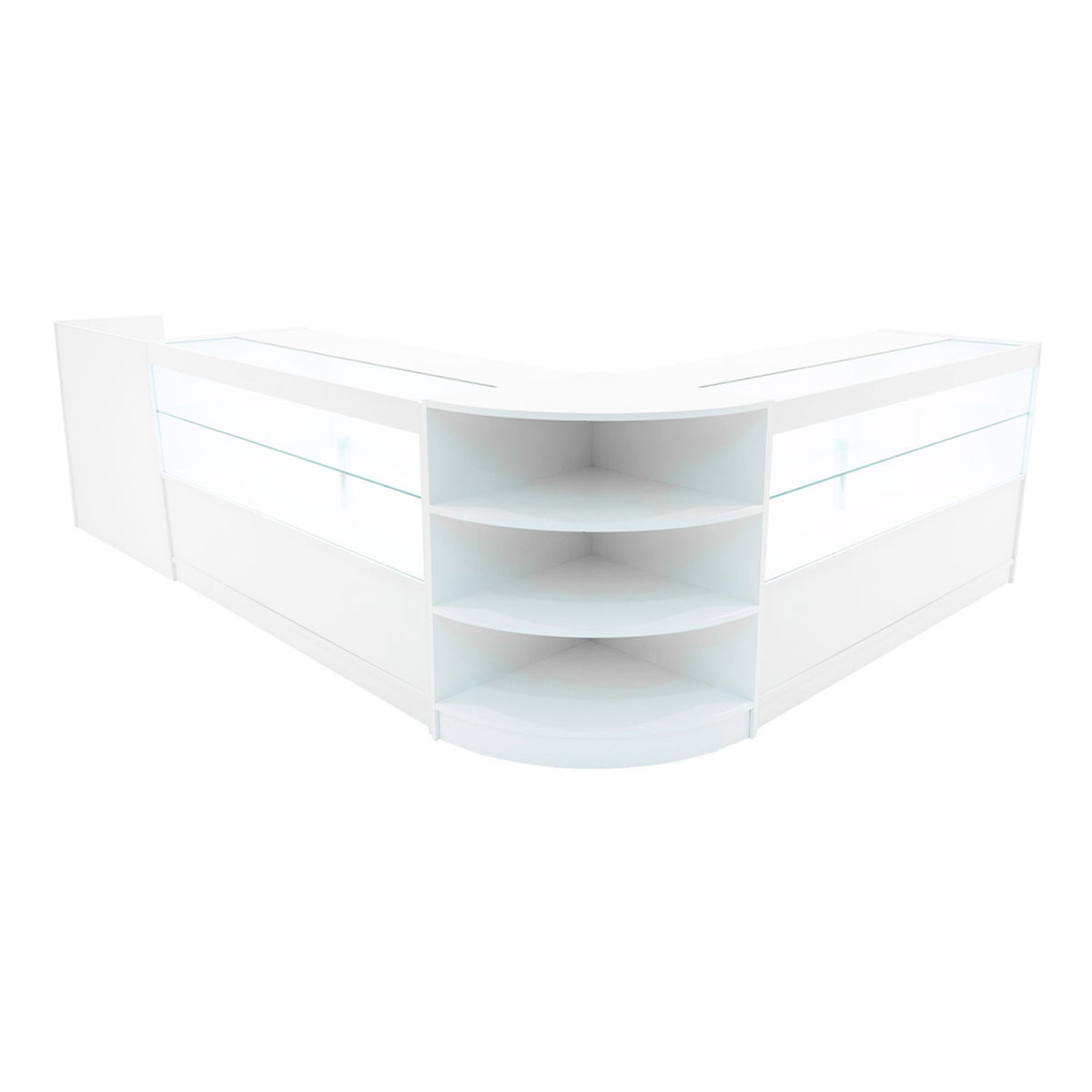 Elegantes, weißes Verkaufstheken-Set mit LED-Beleuchtung, geschwungener Form und offenen Regalen für optimale Produktpräsentation