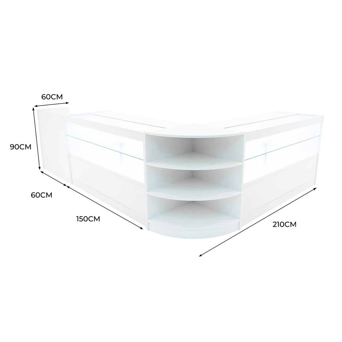 Elegantes, weißes Verkaufstheken-Set mit LED-Beleuchtung, abgerundeten Kanten, Glasregalen und großzügigem Stauraum, ideal für Einzelhandelsumgebungen