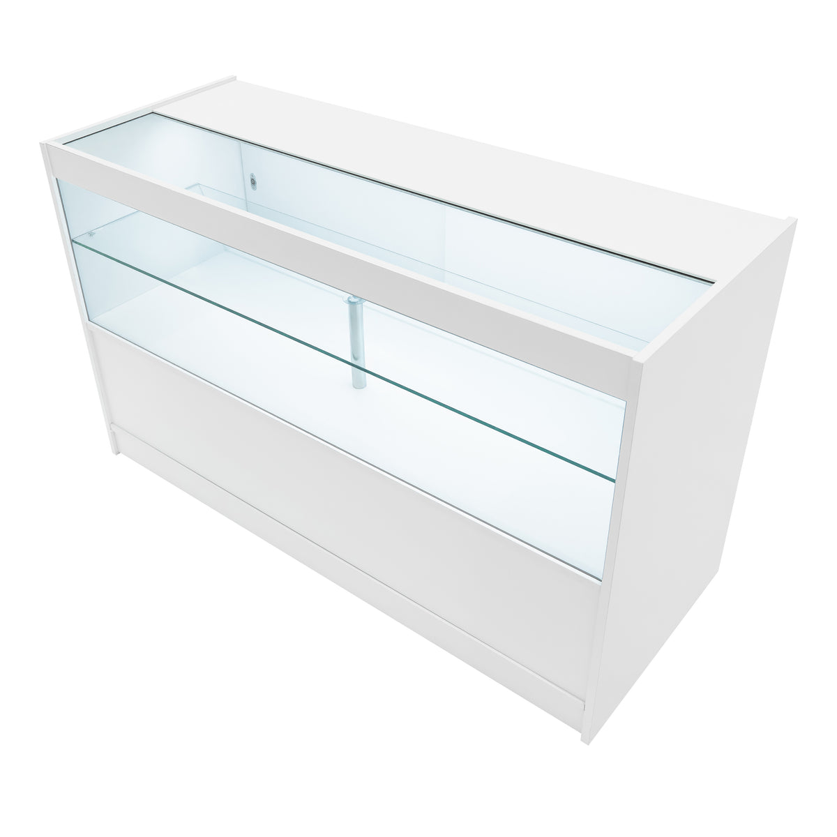 Elegantes, weißes Verkaufstheken-Set mit zwei Glasebenen und einer klaren, minimalistischen Struktur, ideal für die Präsentation von Produkten