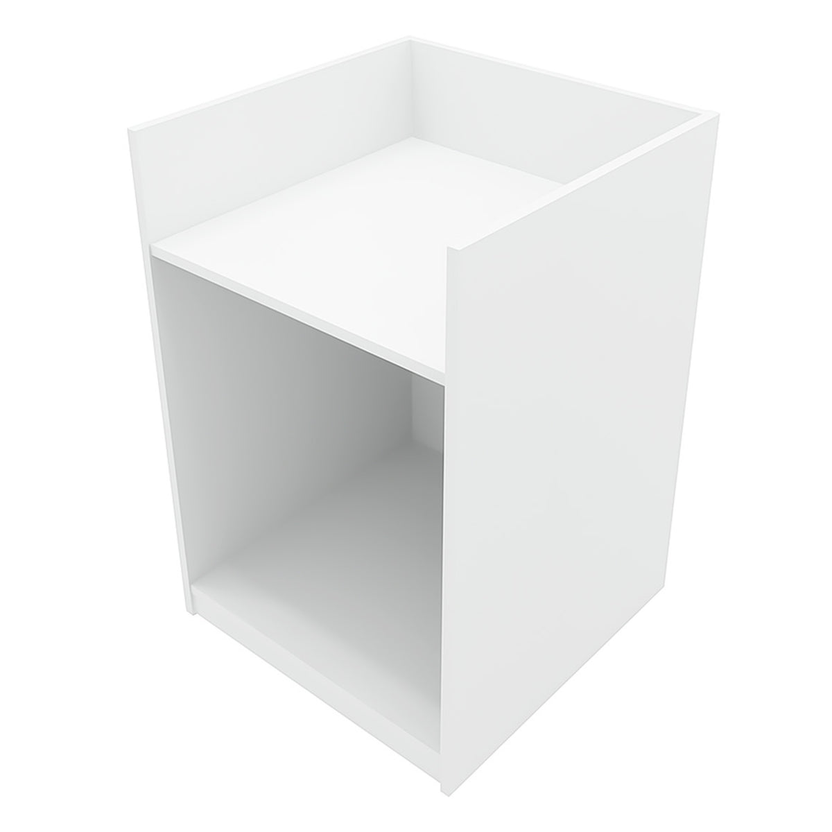 Weißes Verkaufstheken-Set bestehend aus zwei modernen, minimalistischen Theken mit glatter Oberfläche und offenem Stauraum, ideal für Einzelhandel und Ausstellungen