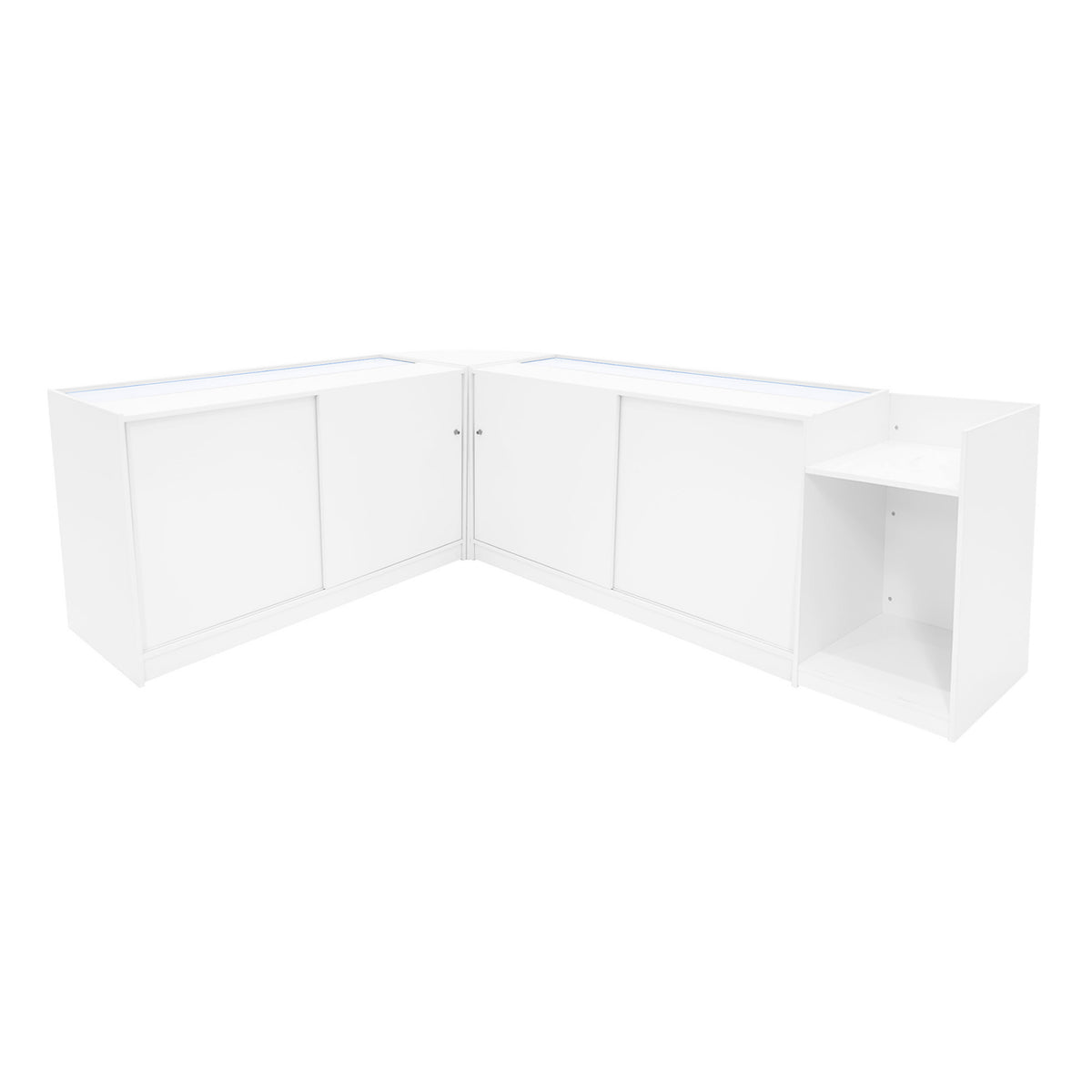 Weißes Europa LED Verkaufstheken-Set mit glatten Oberflächen, eleganten Linien und integrierter Beleuchtung für moderne Verkaufsräume